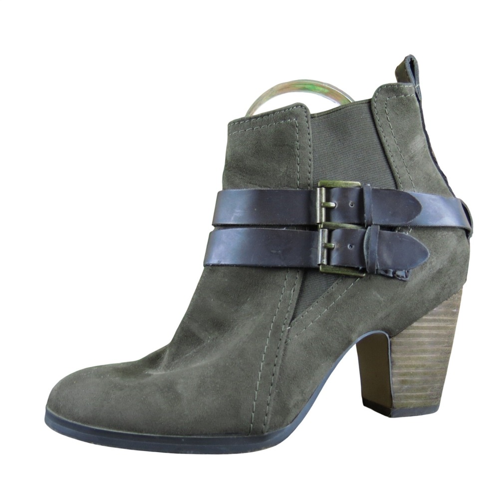 Crown Vintage Women's Olive Green Suede Buckle Ankle Boots Booties Size 9M
